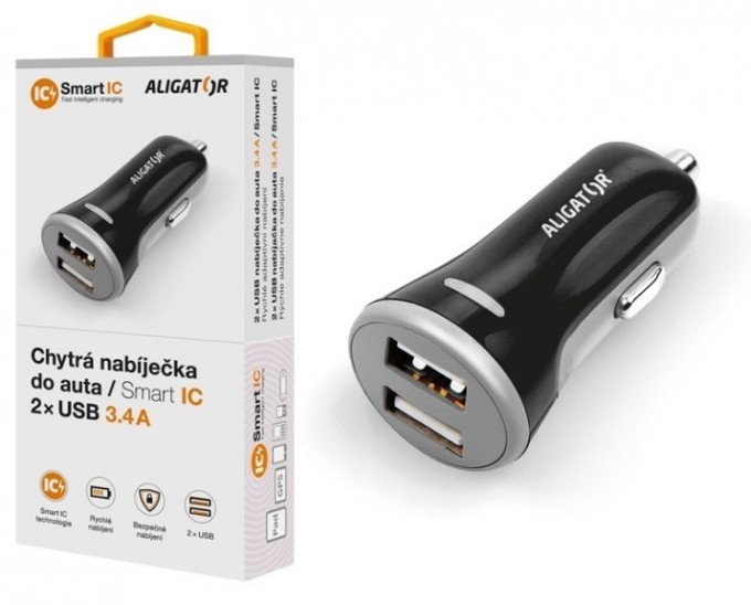 Nabíječka do auta ALIGATOR s 2xUSB výstupem, 3.4A, smart IC, černá