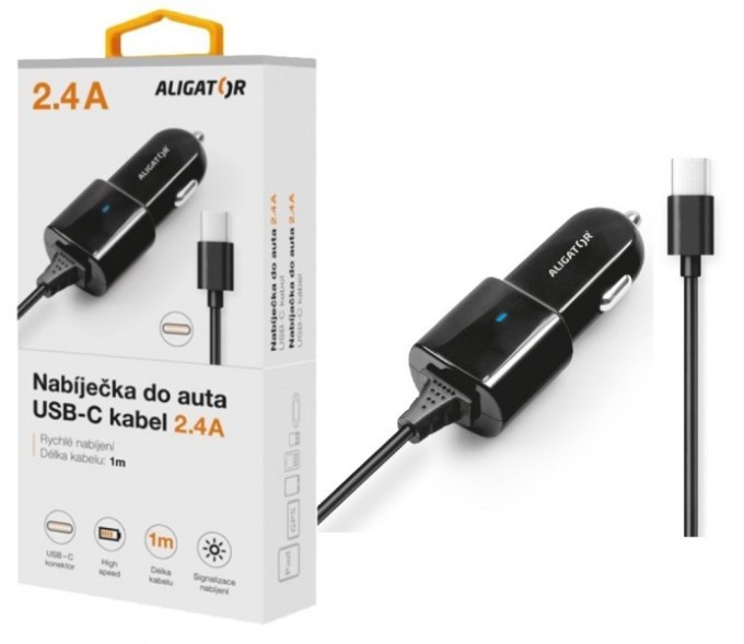 Nabíječka do auta ALIGATOR USB-C, 2.4A, Turbo charge, černá