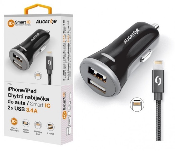 Chytrá nabíječka do auta ALIGATOR 3.4A, 2xUSB, smart IC, černá, USB kabel pro iPhone/iPad